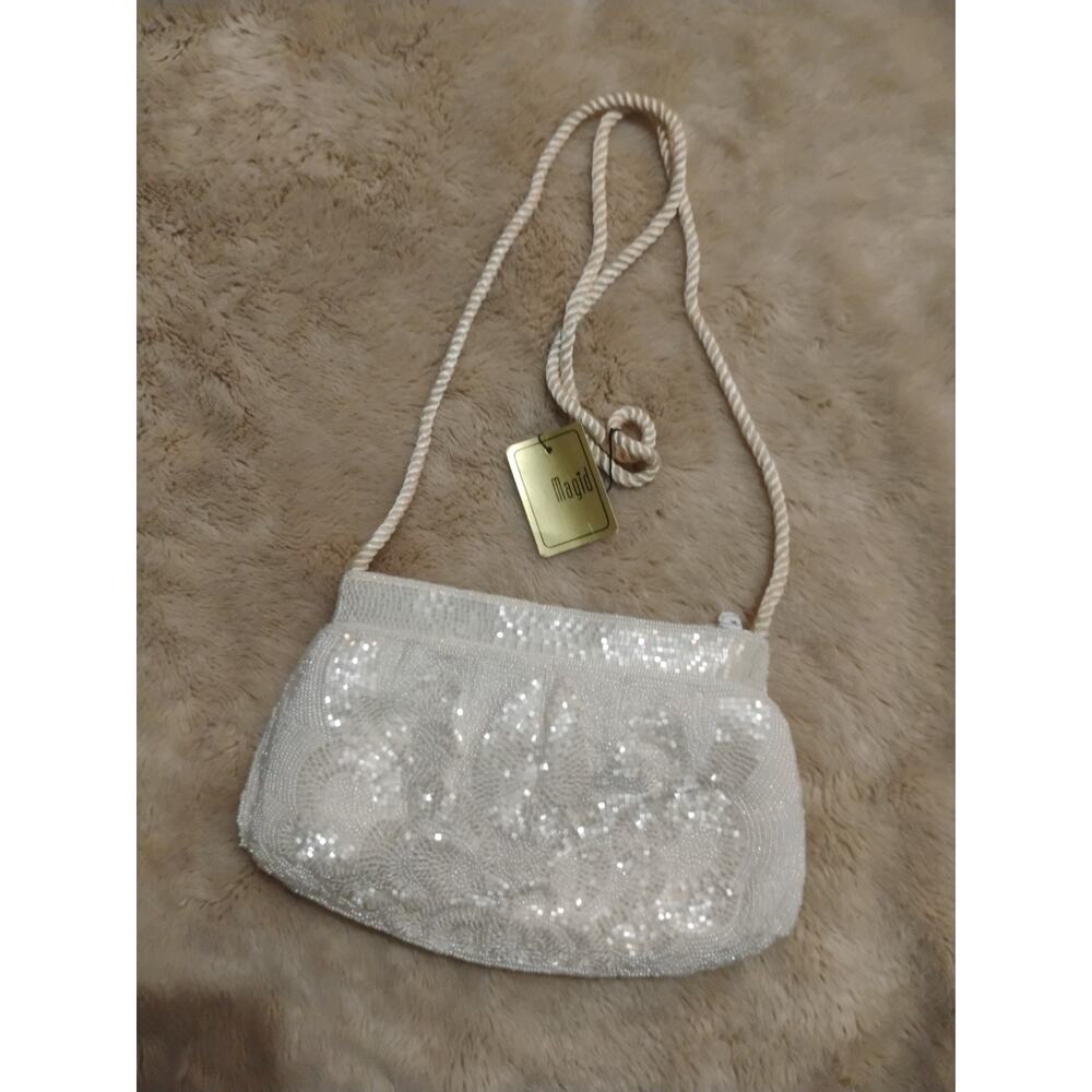 Magid White Beaded Evening Clutch Purse Floral Sequin Vintage Style Shoulder Bag